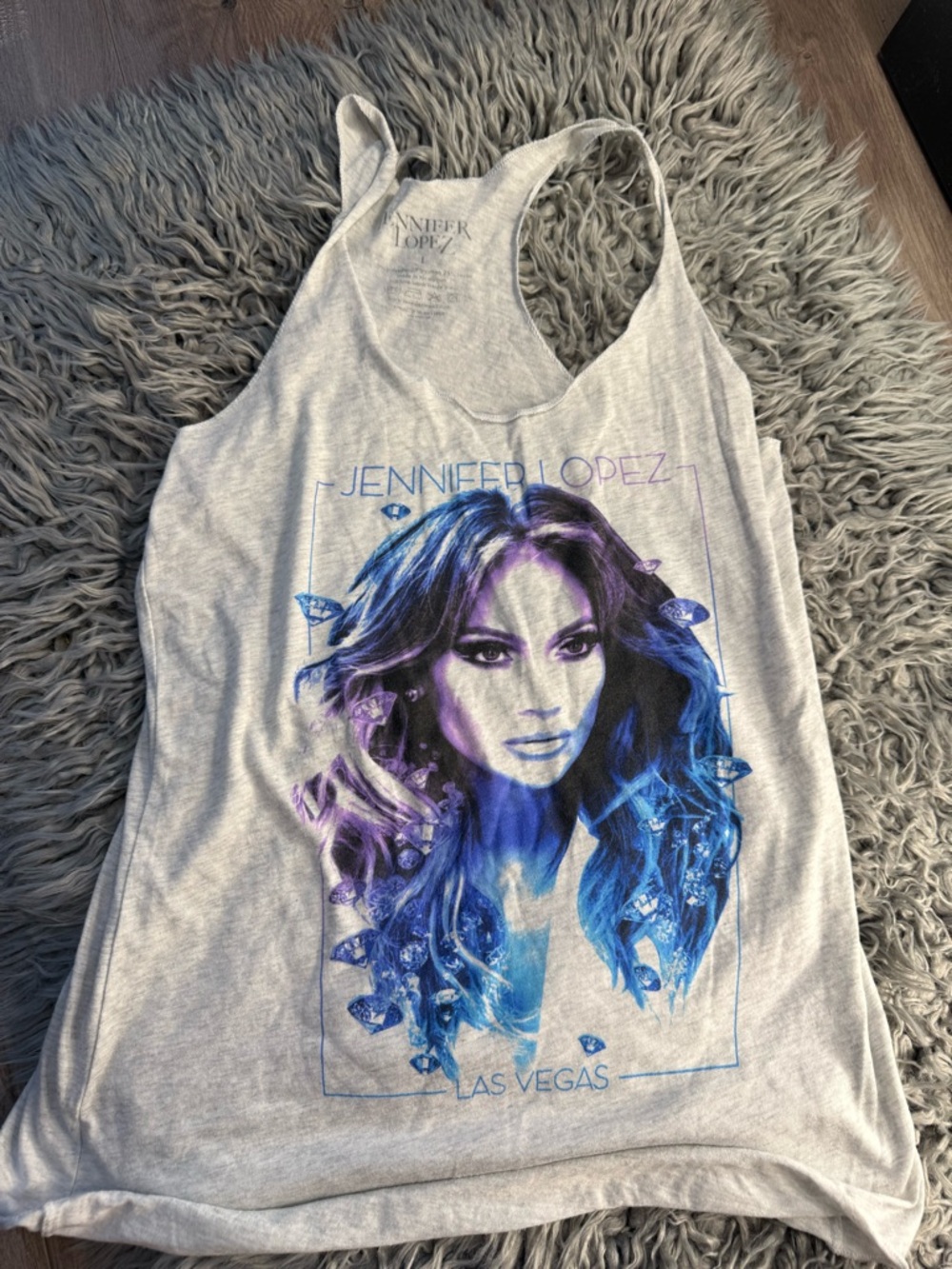 Jennifer Lopez Light Gray Tank with Blue and Purple Portrait Graphic